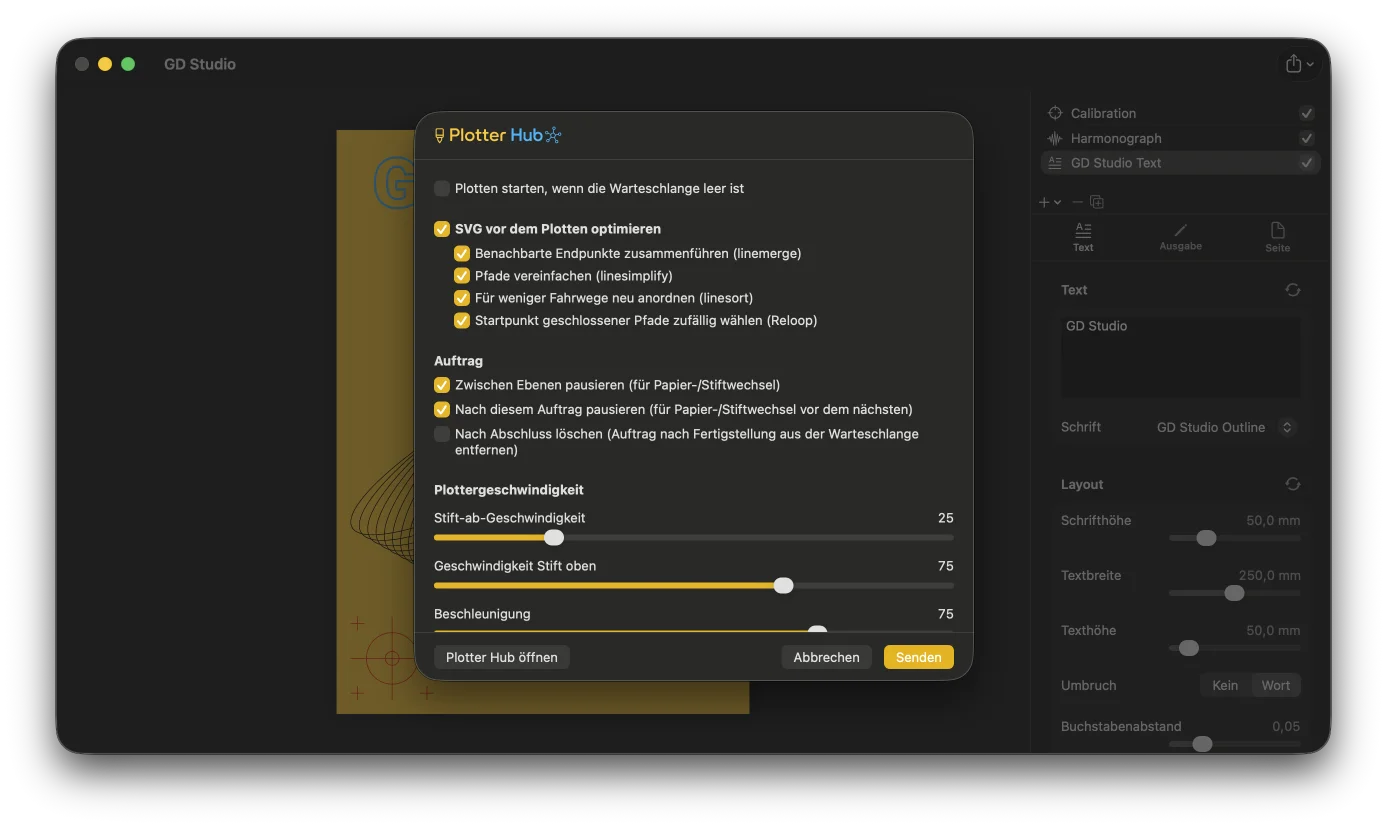 Export aus GD Studio und direktes Plotten über Plotter Hub