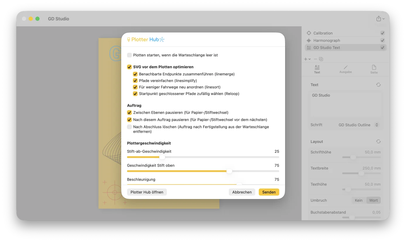 Export aus GD Studio und direktes Plotten über Plotter Hub