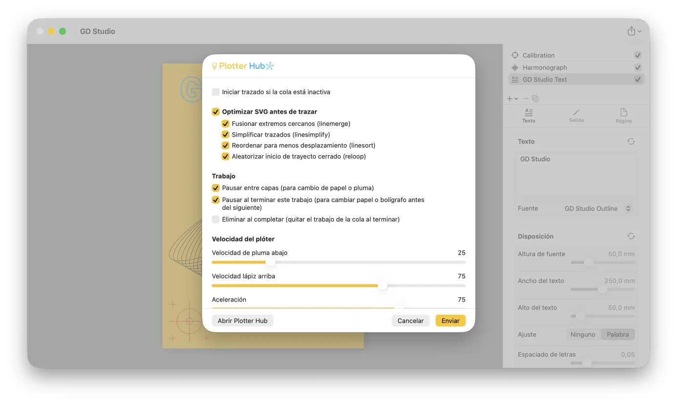 Exportando desde GD Studio y ploteando directamente a través de Plotter Hub