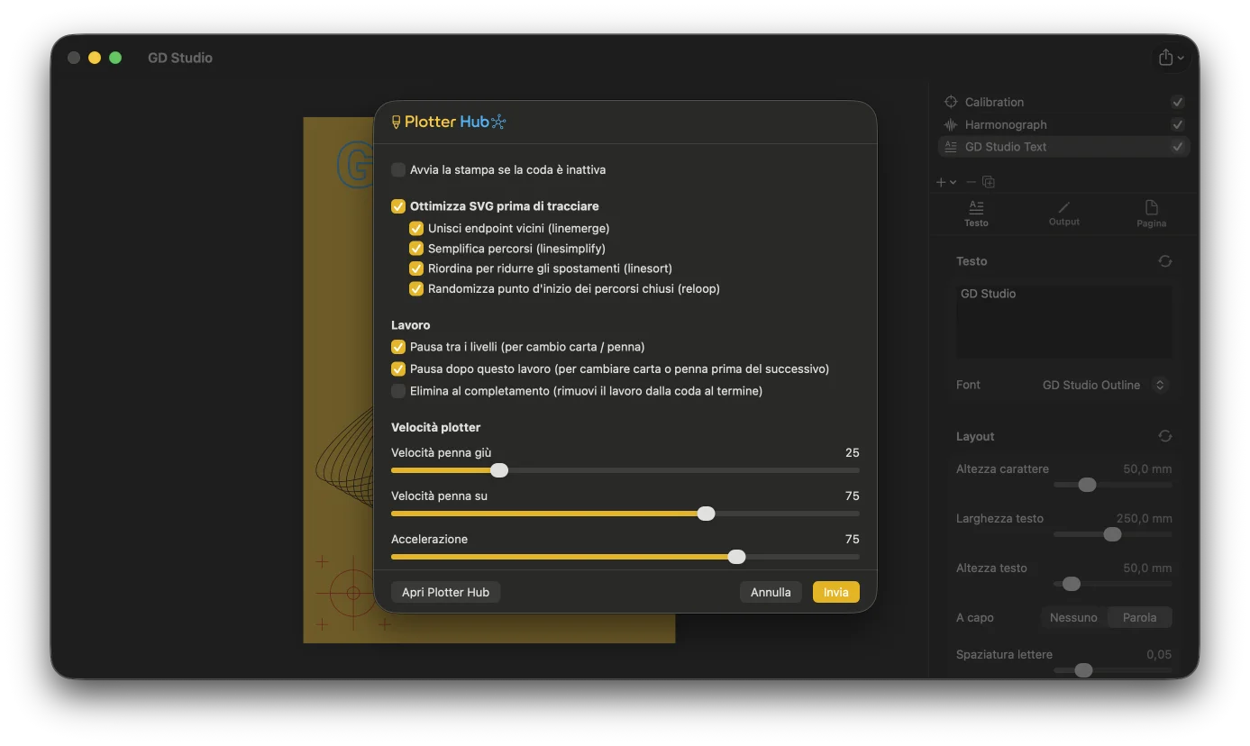 Esportazione da GD Studio e plottaggio diretto tramite Plotter Hub