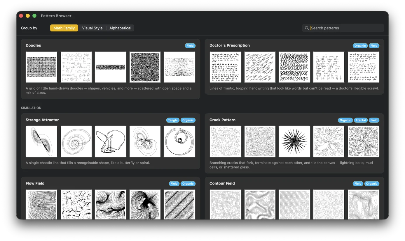 A grid of GD Studio patterns and variations, all as clean linework