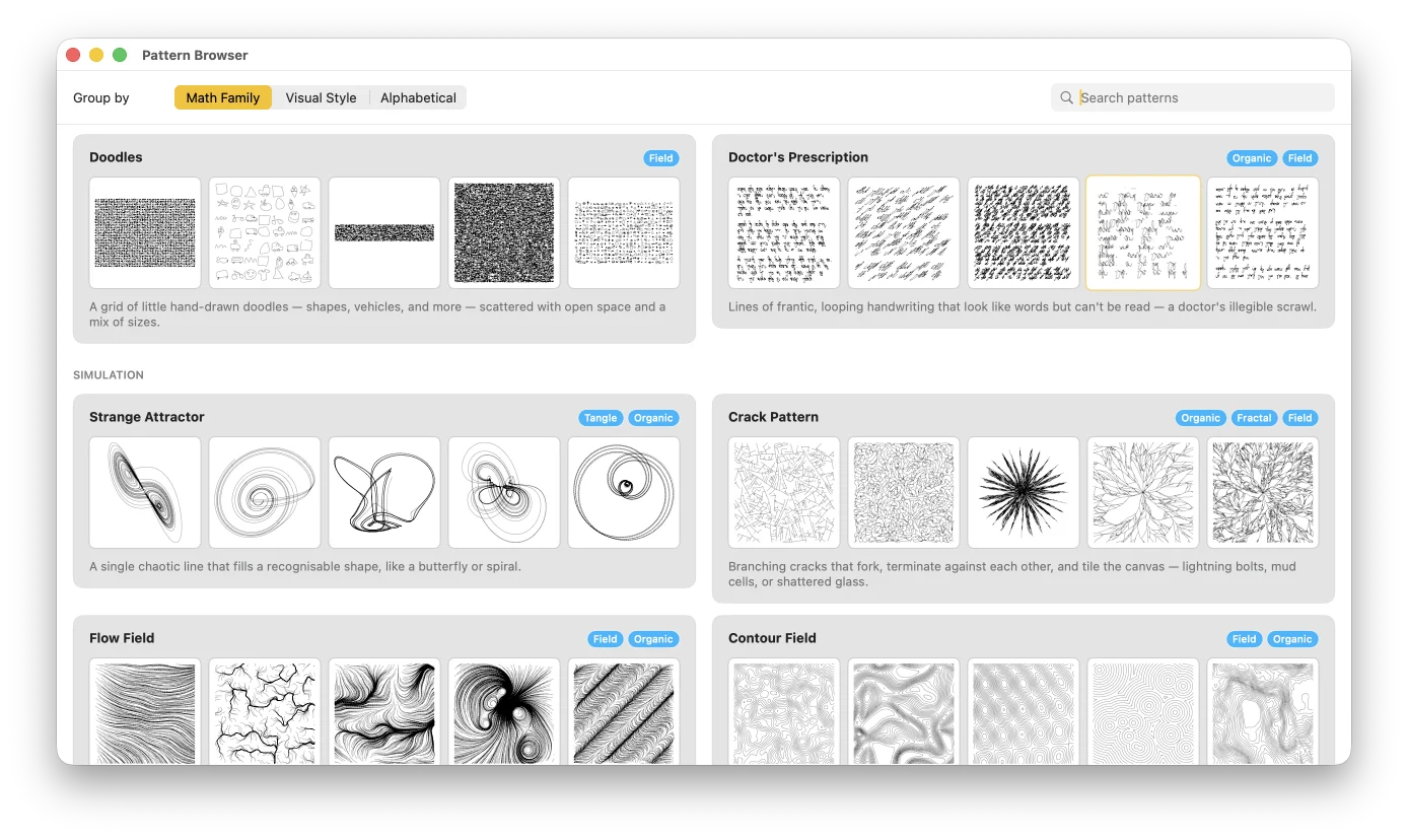 A grid of GD Studio patterns and variations, all as clean linework