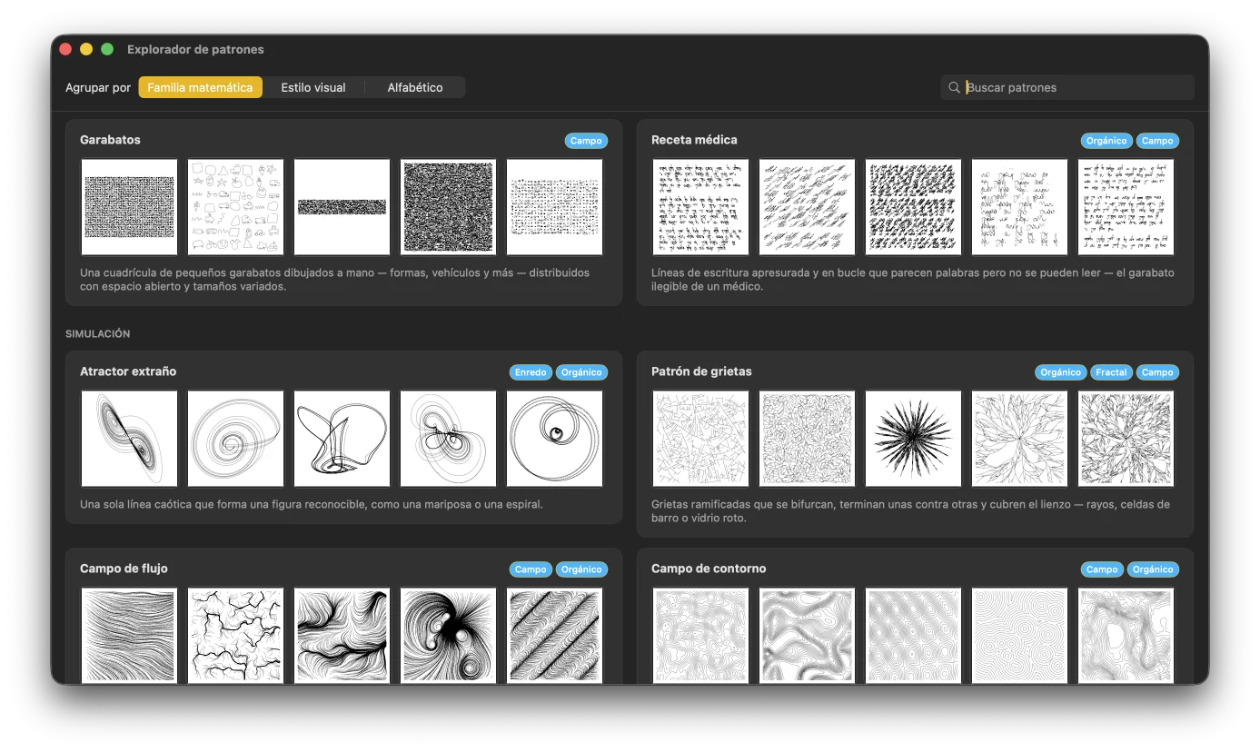 Una cuadrícula de patrones y variaciones de GD Studio, todos como line-art limpio