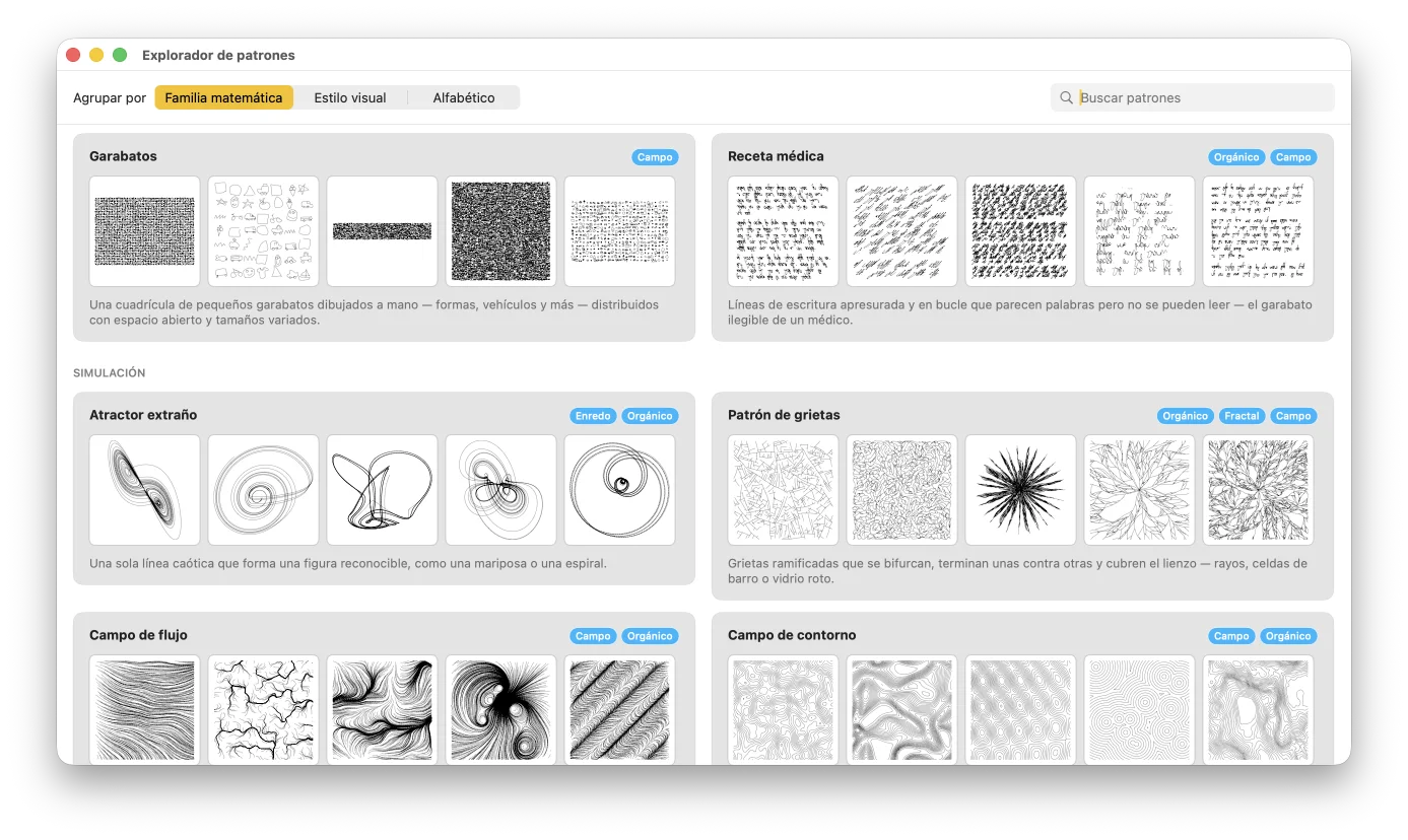 Una cuadrícula de patrones y variaciones de GD Studio, todos como line-art limpio