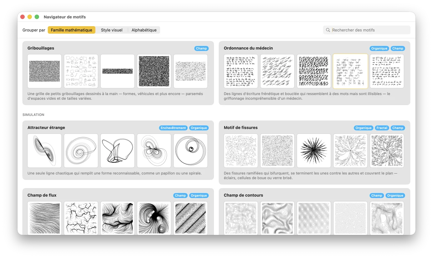 Une grille de motifs et de variations GD Studio, tous en traits nets