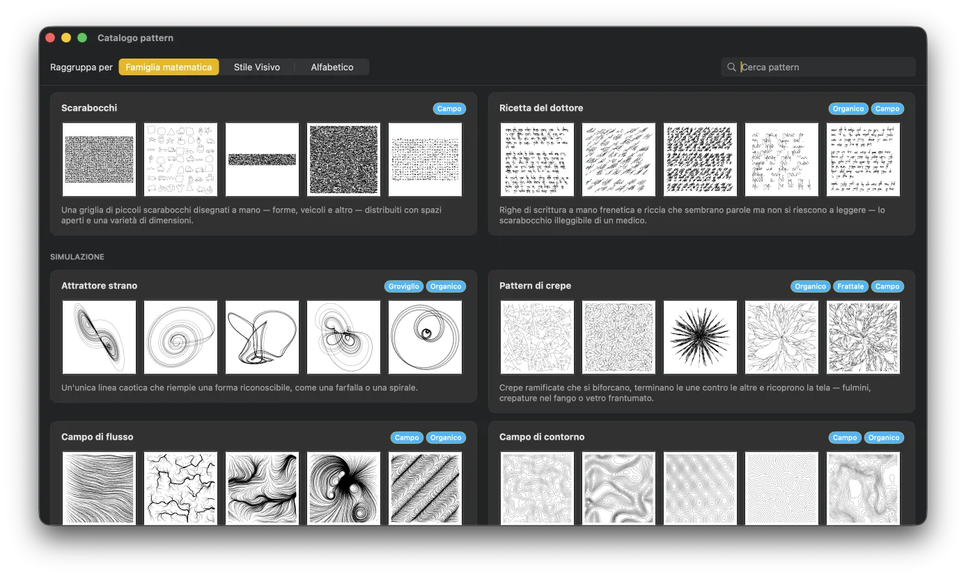 Una griglia di pattern e variazioni di GD Studio, tutti come linee pulite