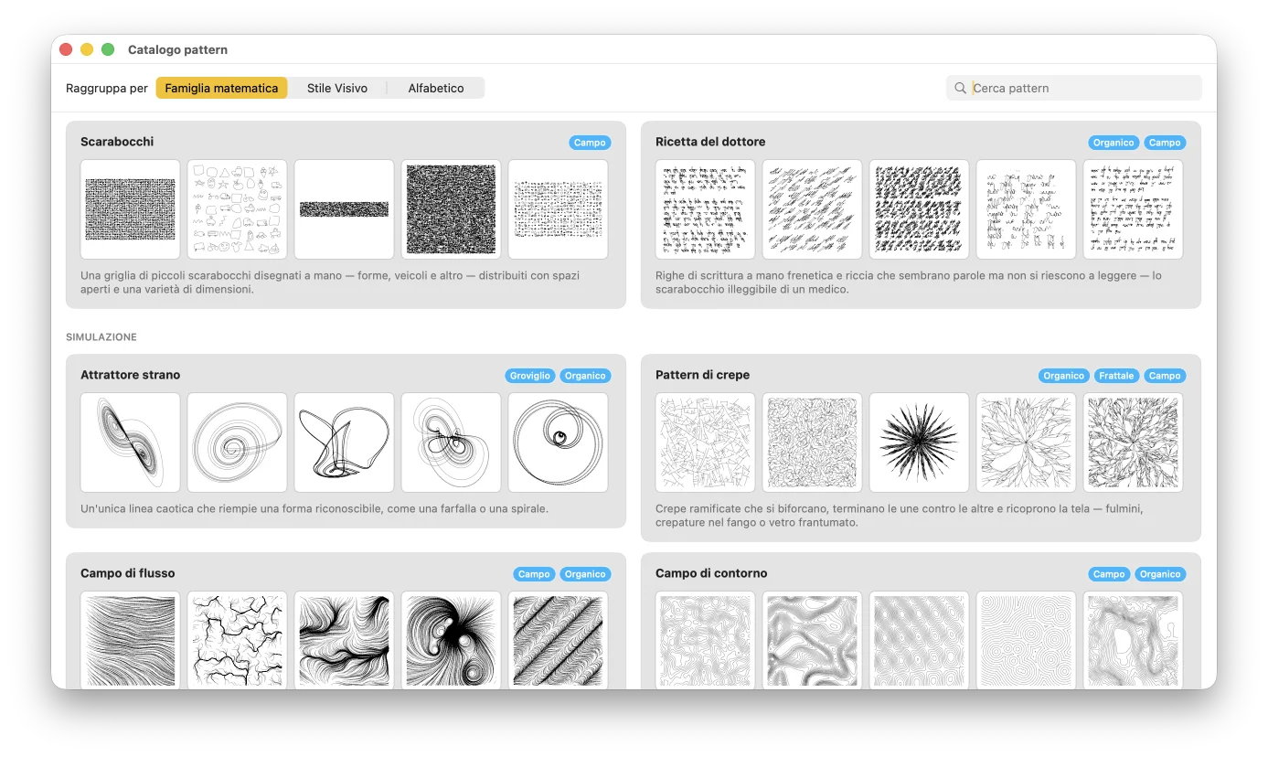 Una griglia di pattern e variazioni di GD Studio, tutti come linee pulite
