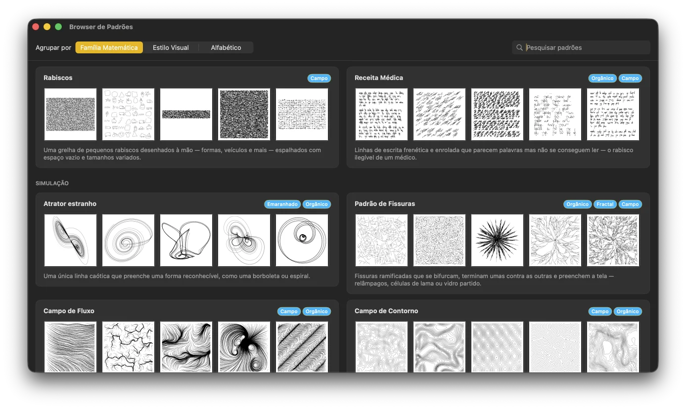 Uma grelha de padrões e variações do GD Studio, todos em linework limpo