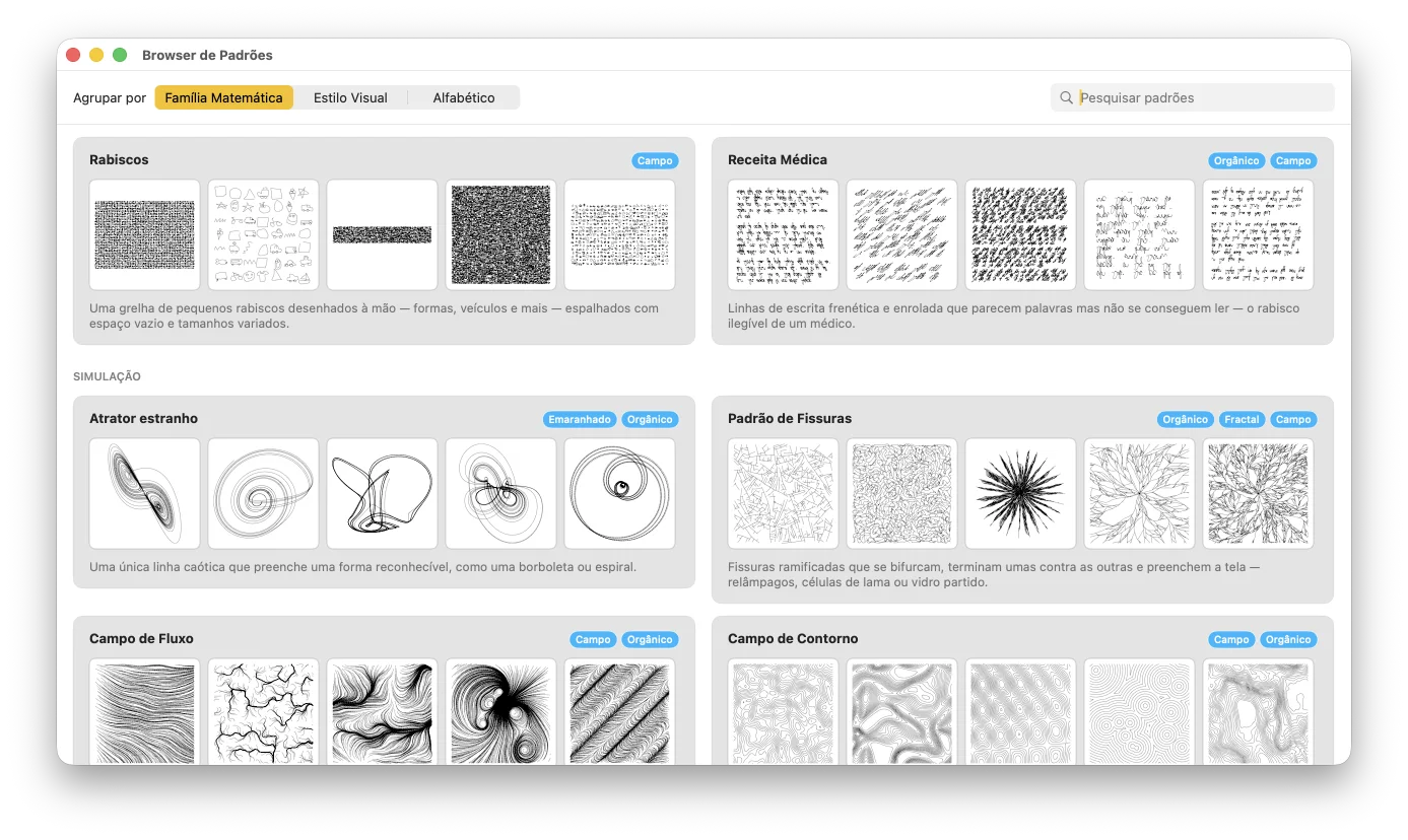 Uma grelha de padrões e variações do GD Studio, todos em linework limpo