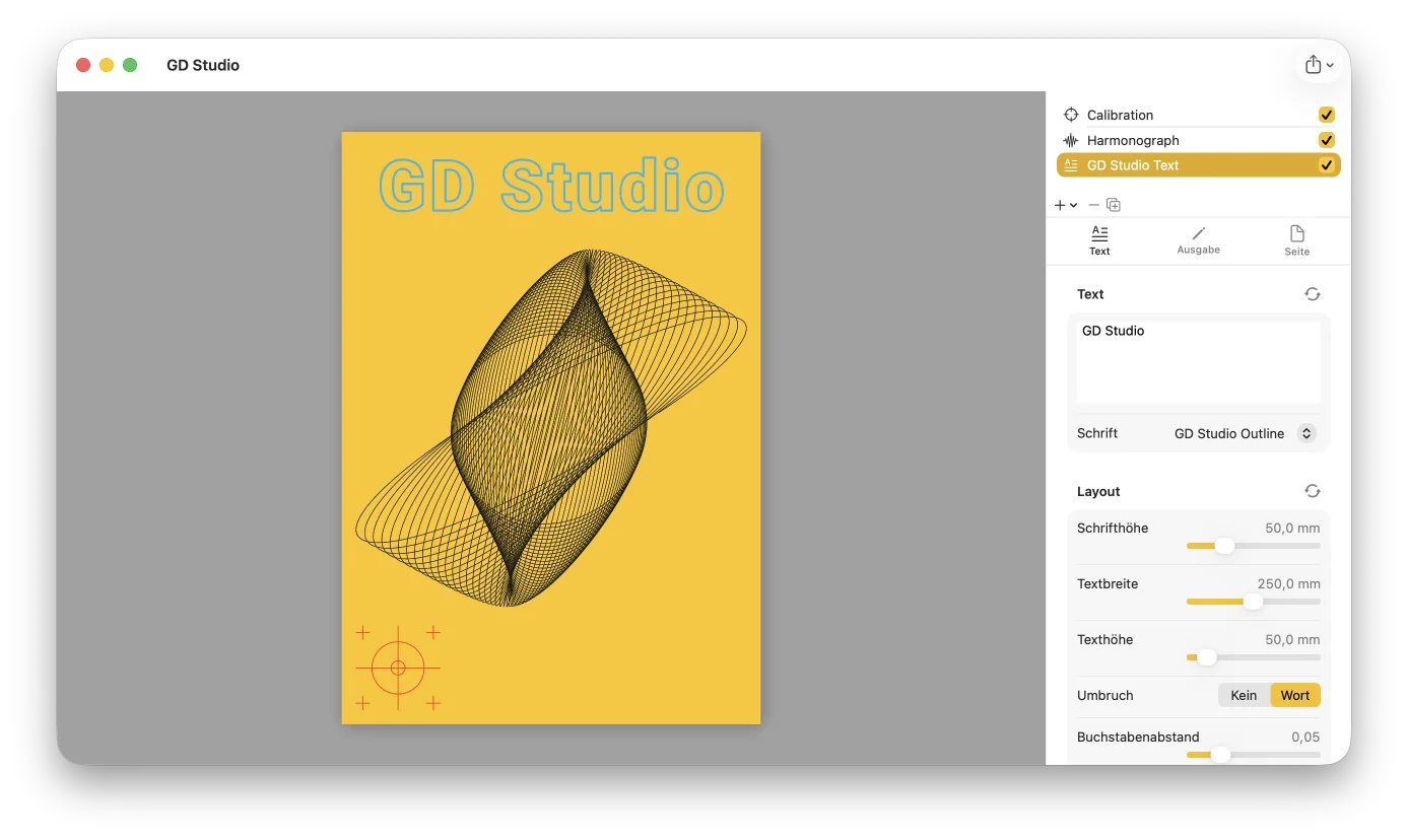 Ein GD Studio Dokument, das eine Musterebene mit einer Textebene und einem importierten SVG-Logo kombiniert, alles als Linienführung