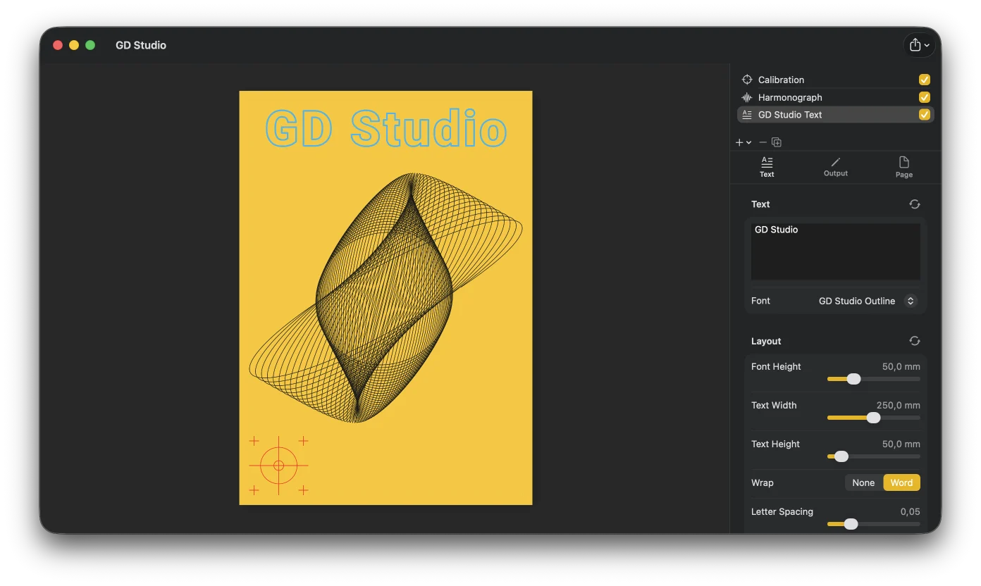 A GD Studio document combining a pattern layer with a text layer and an imported SVG logo, all as linework