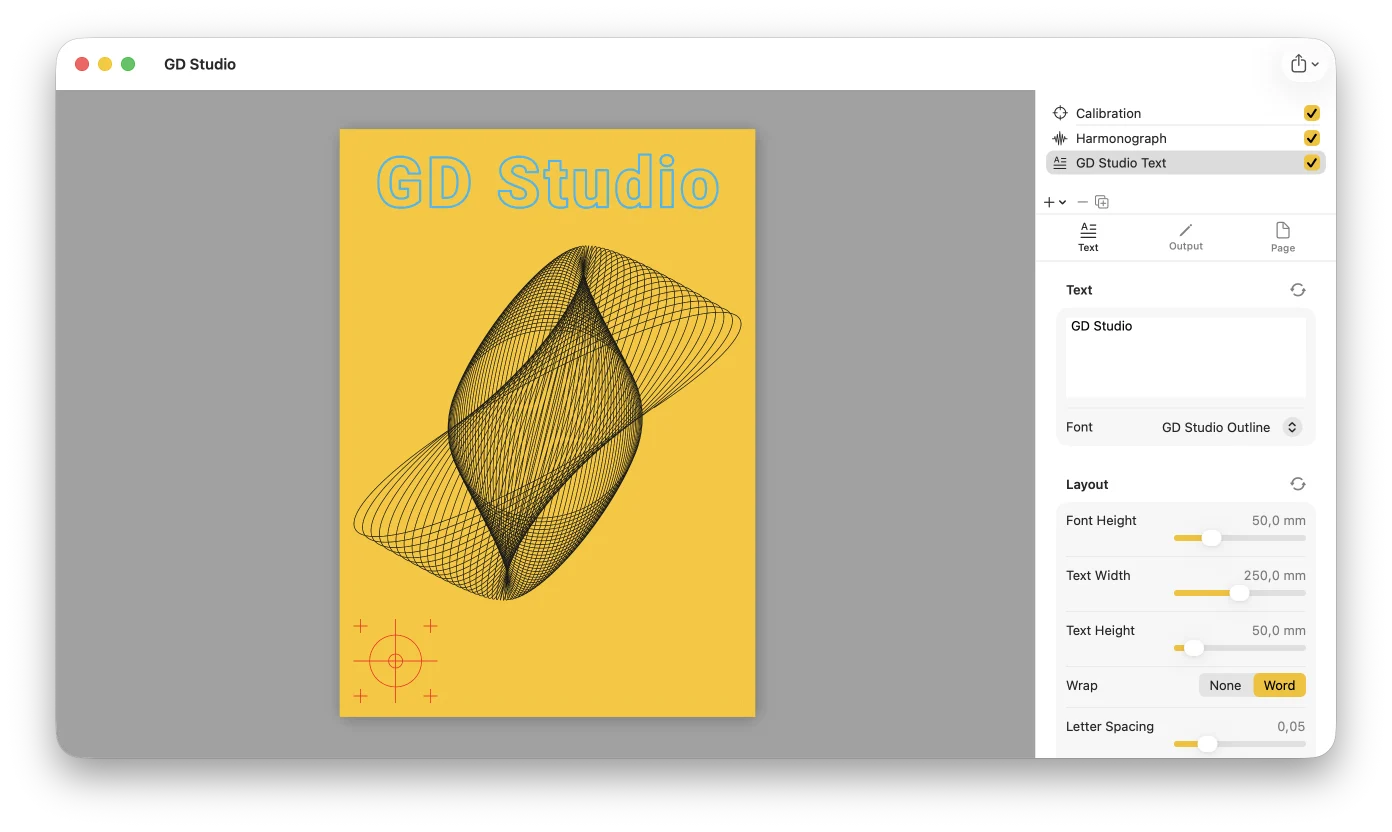 A GD Studio document combining a pattern layer with a text layer and an imported SVG logo, all as linework