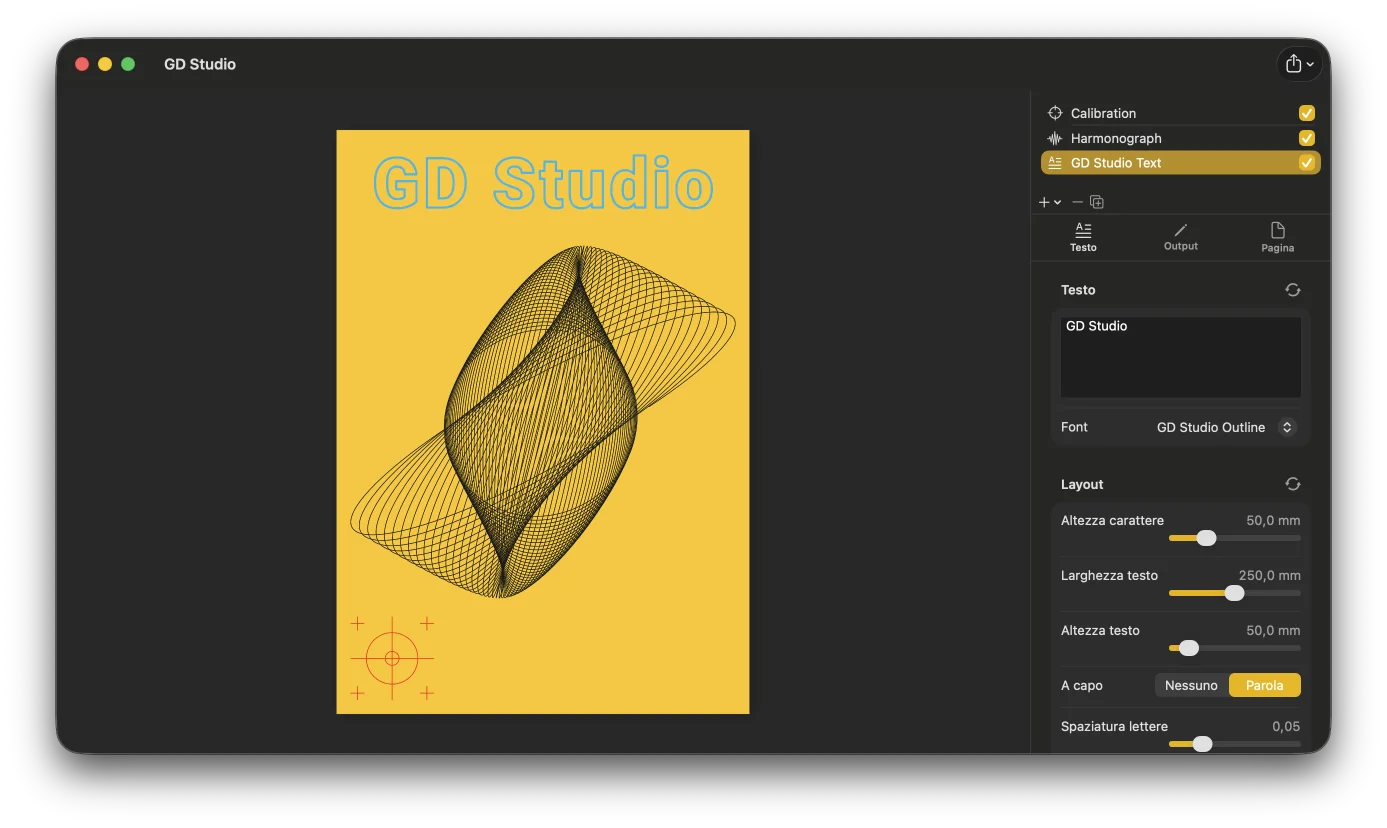 Un documento GD Studio che combina un livello pattern con un livello di testo e un logo SVG importato, tutti come linee