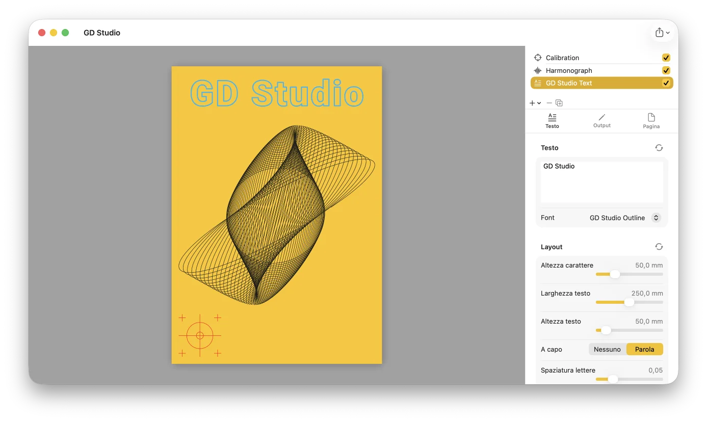 Un documento GD Studio che combina un livello pattern con un livello di testo e un logo SVG importato, tutti come linee