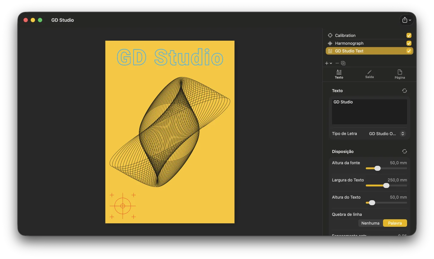 Um documento do GD Studio a combinar uma camada de padrão com uma camada de texto e um logótipo SVG importado, tudo em linework