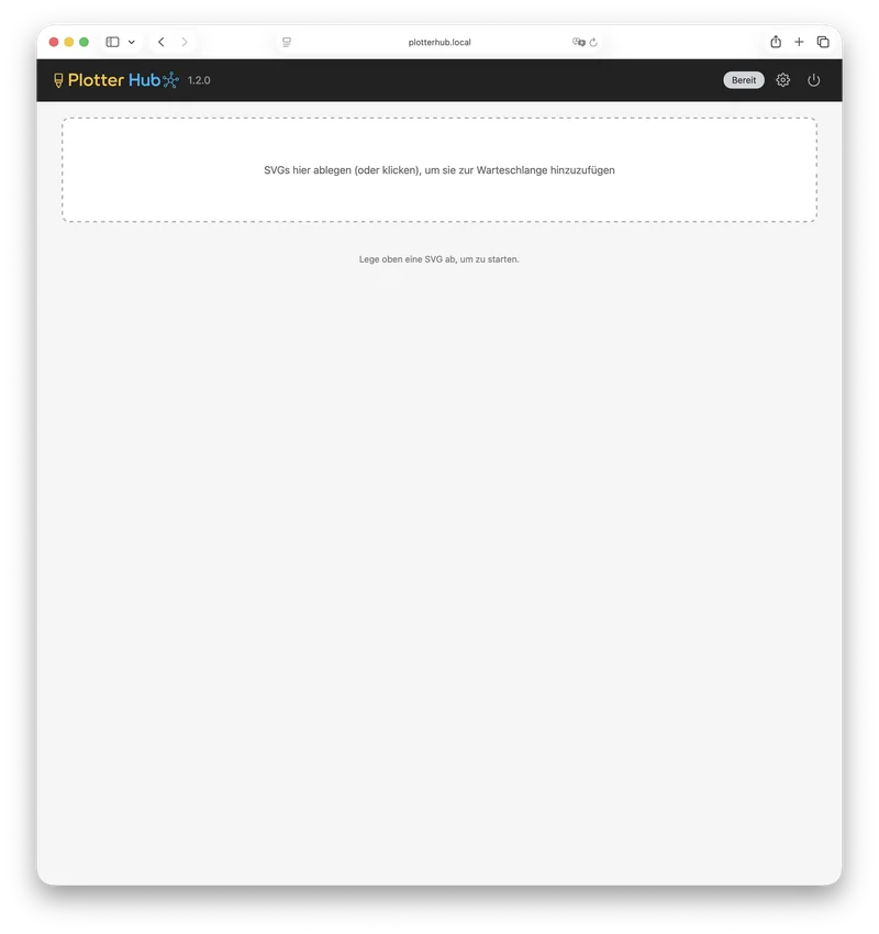 Die leere Plotter-Hub-Weboberfläche, bereit für einen SVG-Upload