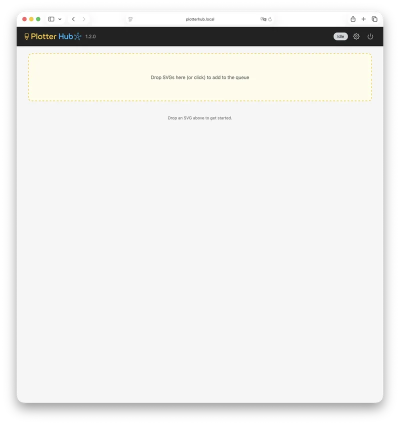 The empty Plotter Hub web interface ready for an SVG upload