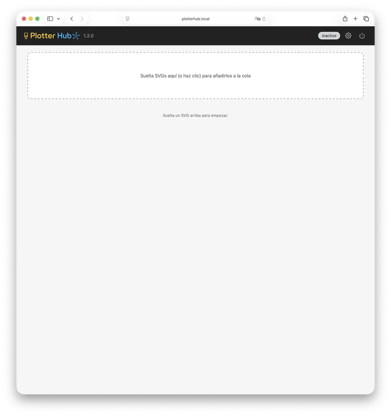 La interfaz web vacía de Plotter Hub lista para subir un SVG