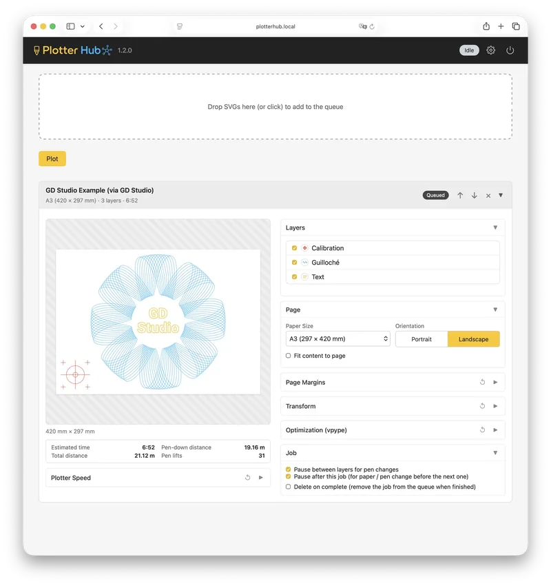 An SVG loaded in Plotter Hub with its layer list, paper settings, and pre-plot estimate