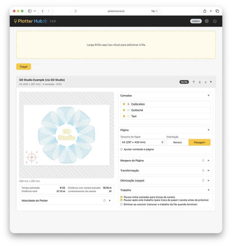 Um SVG carregado no Plotter Hub com a sua lista de camadas, definições de papel e estimativa antes da plotagem