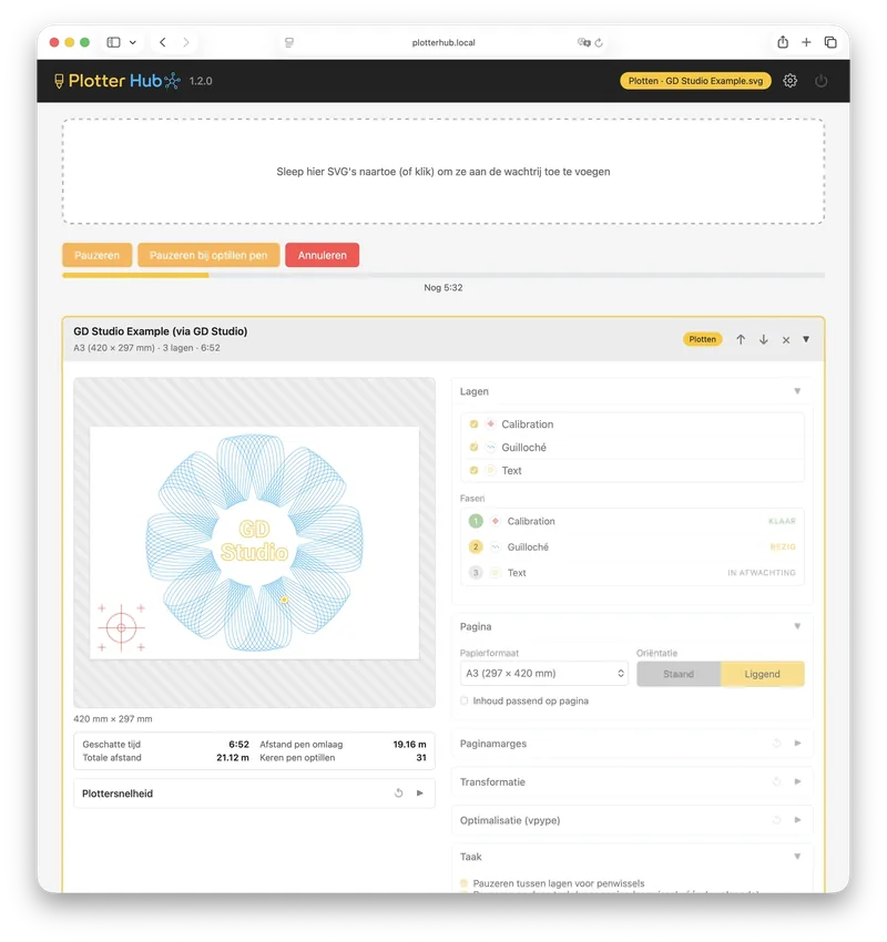 Plotter Hub tijdens het plotten met de live pencursor en voortgangsbalk
