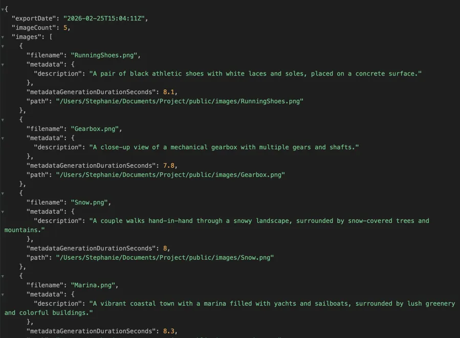 JSON-export met gegenereerde alt-tekst gekoppeld aan afbeeldingspaden