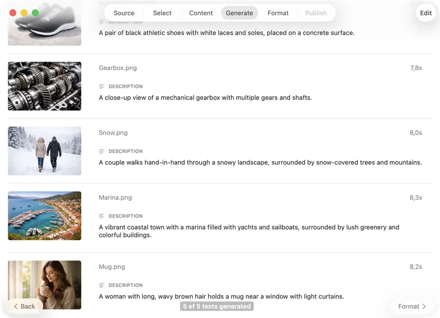 VisionTagger showing image thumbnails with generated alt text descriptions