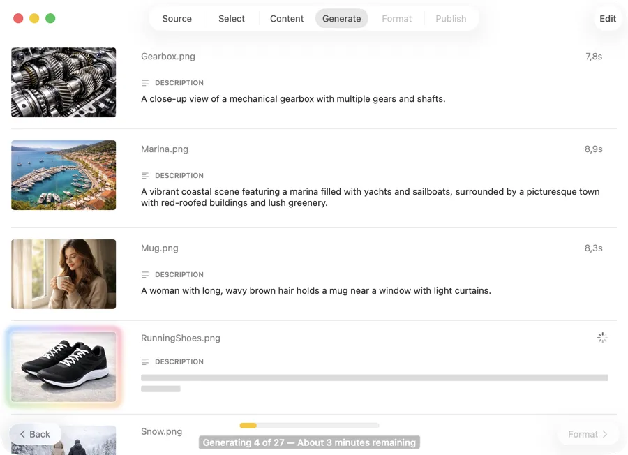 VisionTagger showing real-time alt text results streaming in during generation