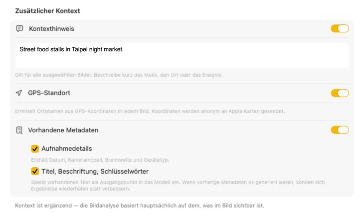VisionTagger Additional Context-Bereich mit Kontextquellen