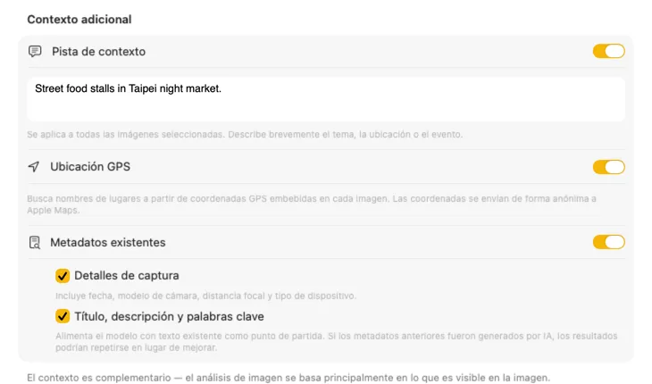 Panel Additional Context de VisionTagger mostrando fuentes de contexto