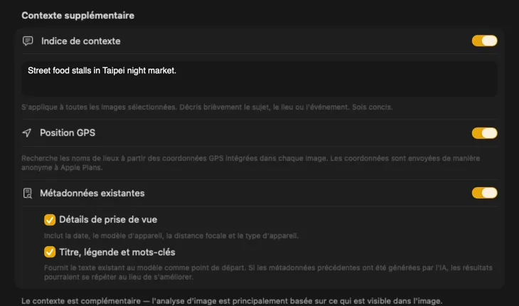 Panneau Additional Context de VisionTagger montrant les sources de contexte