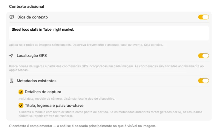 Painel Additional Context do VisionTagger mostrando fontes de contexto