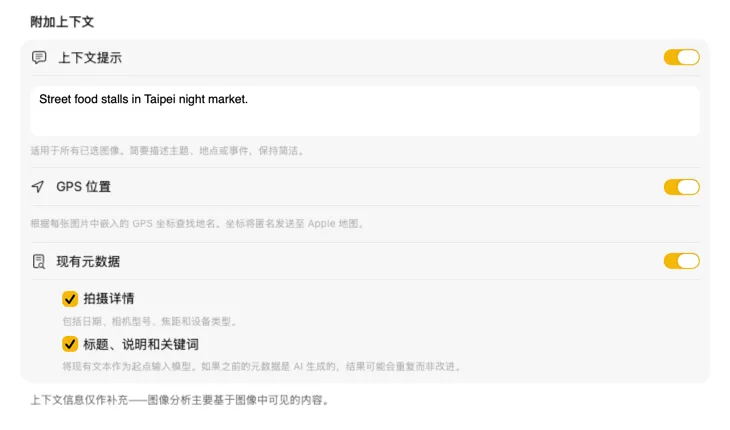 VisionTagger Additional Context 面板，显示上下文来源