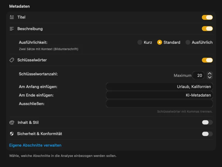 VisionTagger-Inhaltskonfiguration mit anpassbaren Metadaten-Sektionen und Feldern
