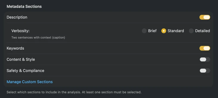 VisionTagger content configuration showing customizable metadata sections and fields