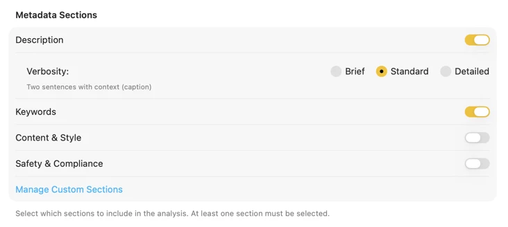 VisionTagger content configuration showing customizable metadata sections and fields