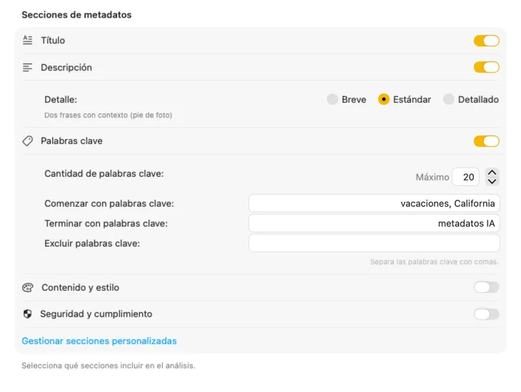 Configuración de contenido de VisionTagger mostrando secciones y campos de metadatos personalizables