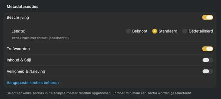 VisionTagger-configuratie voor content met aanpasbare metadatasecties en -velden