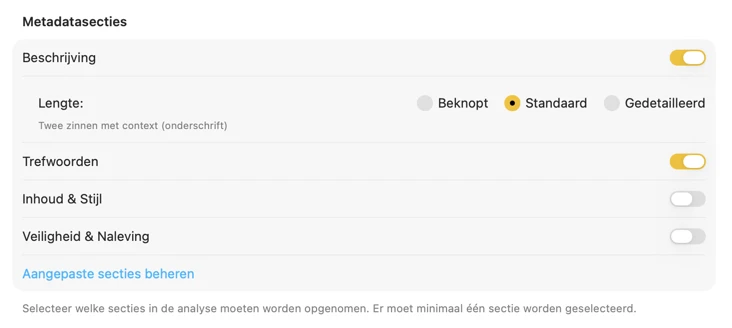 VisionTagger-configuratie voor content met aanpasbare metadatasecties en -velden