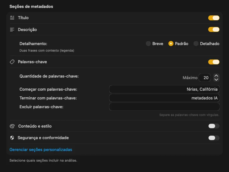 Configuração de conteúdo do VisionTagger a mostrar secções e campos de metadados personalizáveis