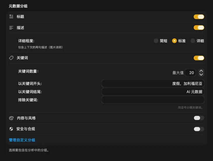 VisionTagger 的内容配置示例，展示可自定义的元数据分区与字段