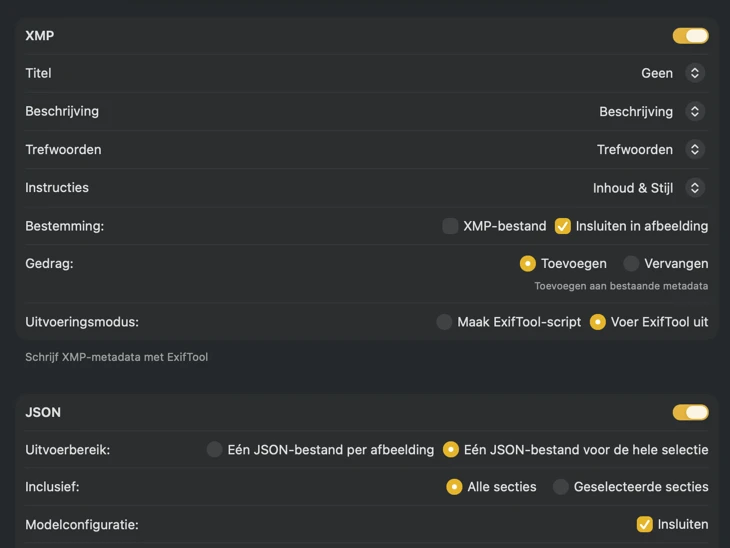 Voorbeeld van een VisionTagger publiceer configuratie