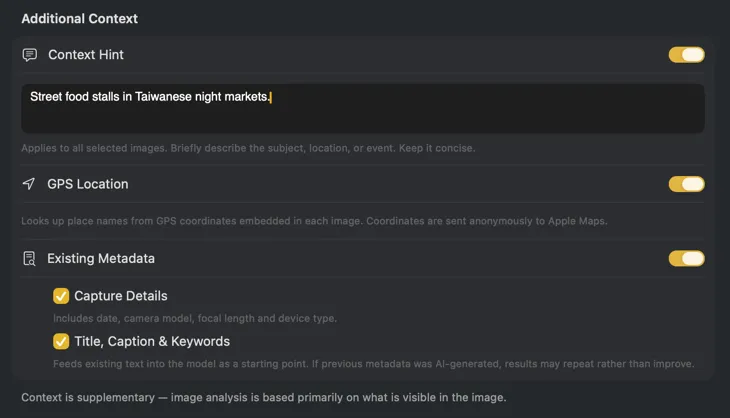 VisionTagger Additional Context panel showing context sources