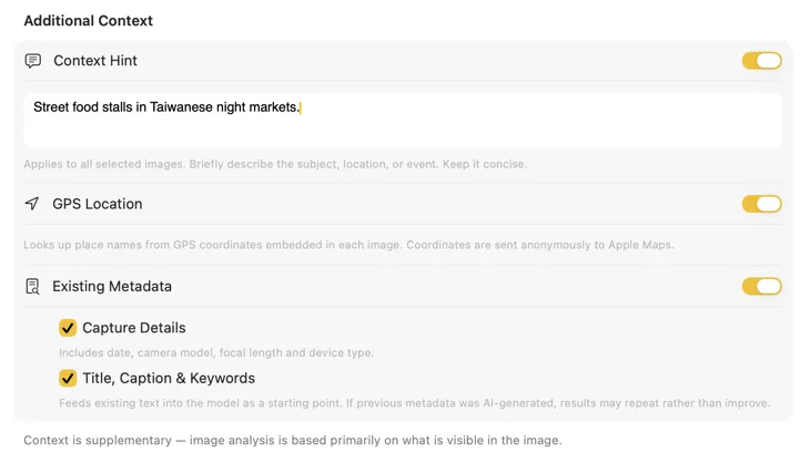 VisionTagger Additional Context panel showing context sources
