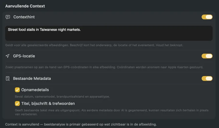 VisionTagger Aanvullende Context-paneel met contextbronnen