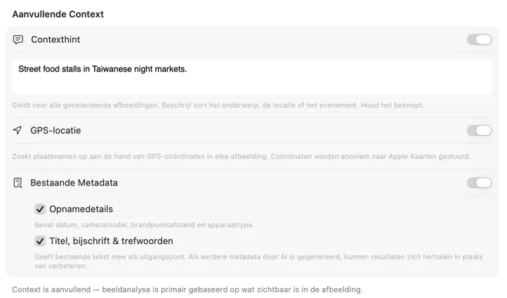 VisionTagger Aanvullende Context-paneel met contextbronnen