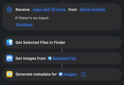 VisionTagger Shortcuts integration showing automation actions