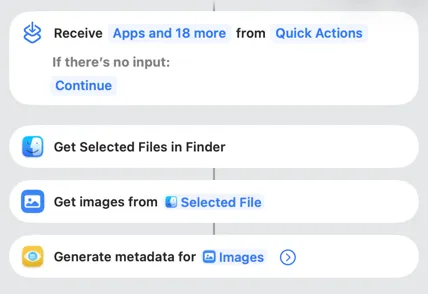 VisionTagger Shortcuts integration showing automation actions