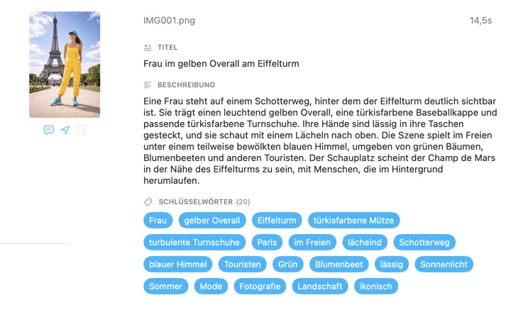 Von VisionTagger erzeugte Metadaten für ein Bild mit lokaler KI
