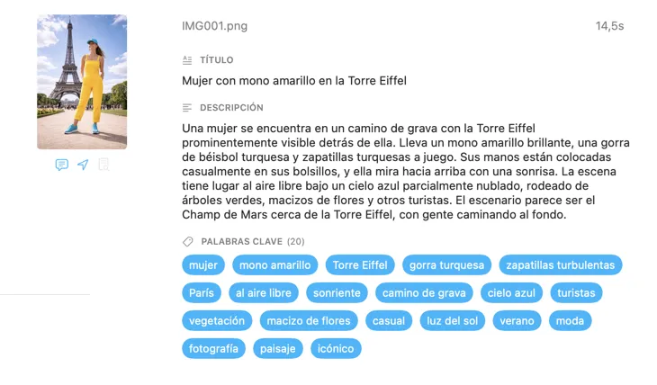 Metadatos generados por VisionTagger para una imagen usando IA local